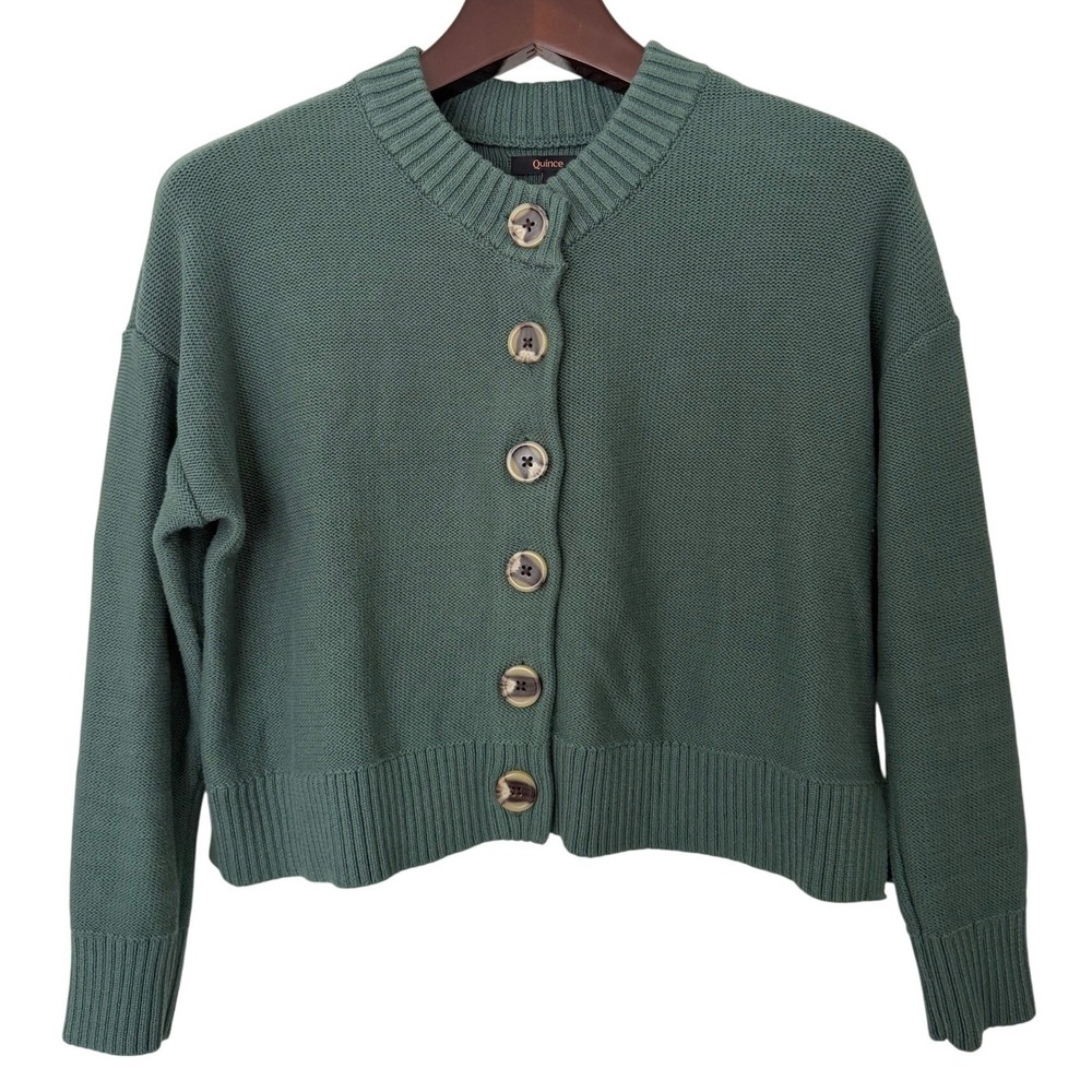 Quince Organic Cotton Cropped Cardigan Big Sur Green size Small Preppy